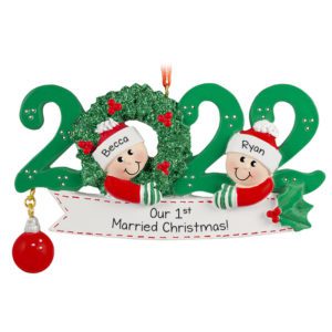 Image of Personalized 2022 Couple 1st Married Christmas GREEN Wreath Ornament