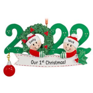 Image of Personalized 2022 Couple 1st Christmas Together GREEN Wreath Ornament