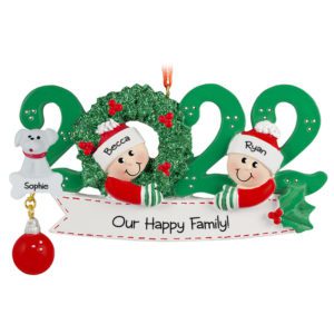 Image of Personalized 2022 Couple And Pet Glittered Green Wreath Ornament