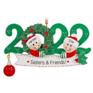 Image of Personalized 2022 2 Sisters And Friends GREEN Wreath Ornament
