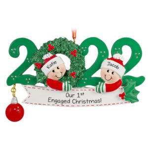 Image of Personalized 2022 Couple 1st Engaged Christmas GREEN Wreath Ornament