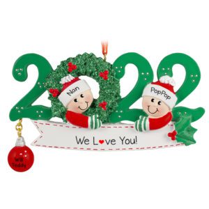 Image of Personalized 2022 Grandparents GREEN Wreath Glittered Ornament