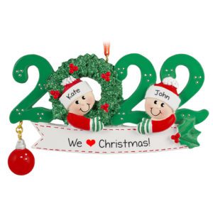 Image of Personalized 2022 Couple GREEN Wreath Glittered Ornament