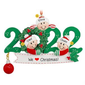 Image of 2022 Single Dad And 2 Kids Personalized GREEN Wreath Ornament