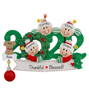 Image of Personalized 2022 Grandparents And 2 Grandkids With Pet GREEN Wreath Ornament
