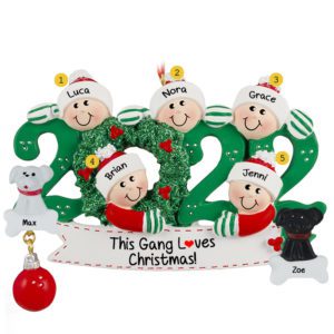 Image of Personalized 2022 Family Of 5 With 2 Pets Glittered Wreath Ornament