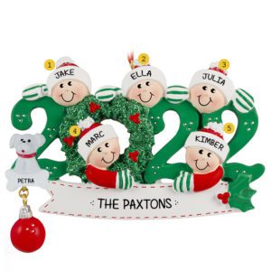 Image of Personalized 2022 Family Of 5 With Pet Glittered Wreath Ornament