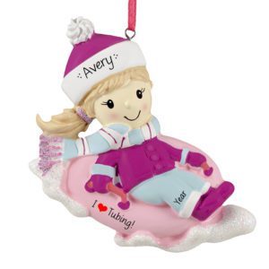 Personalized Little Girl Snow Tubing Glittered Ornament