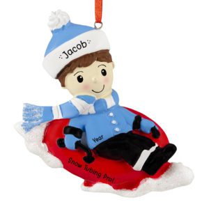Image of Personalized Little Boy Snow Tubing Glittered Ornament