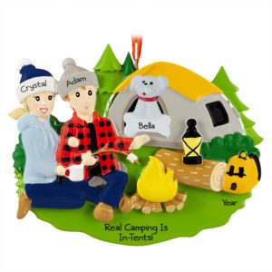 Image of Personalized Camping Couple With 1 Pet Campfire Ornament