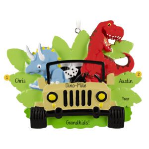 Image of Personalized Two Dino-Mite Grandkids Yellow Jeep Ornament