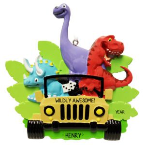 Image of Personalized Wildly Awesome Dinosaurs In Yellow Jeep Ornament