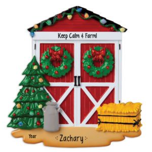 Image of Personalized RED Barn Doors Keep Calm And Farm Ornament