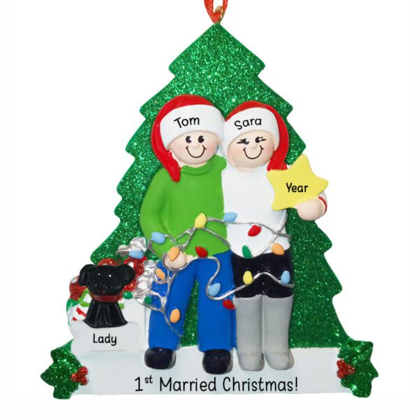 Personalized 1st Married Christmas Couple And Pet Glittered Tree ...