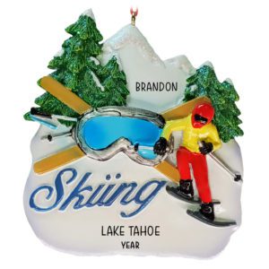 Image of Personalized Skier On Slope Glittered Trees Ornament