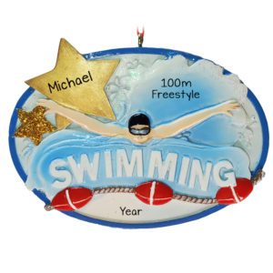 Image of Personalized Swimmer Making Waves Oval Glittered Star Ornament