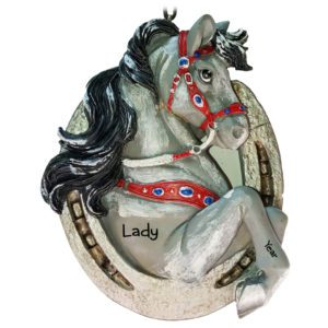 Image of GRAY Horse With Black Mane Western Horseshoe Personalized Ornament