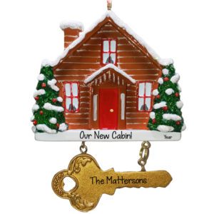 Image of Personalized New Cabin With Glittered Trees And Gold Key Ornament