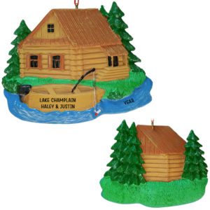 Image of Personalized Cabin On Lake With Boat Two-Sided ornament