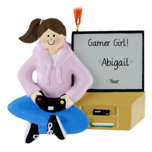 Image of GIRL Personalized Video Gamer Ornament BRUNETTE PINK