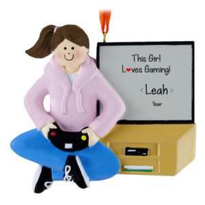 Image of Personalized GIRL Loves Video Games Ornament BRUNETTE PINK