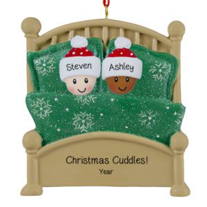 Image of Interracial Couple Cuddled In Glittered Green Bed Personalized Ornament
