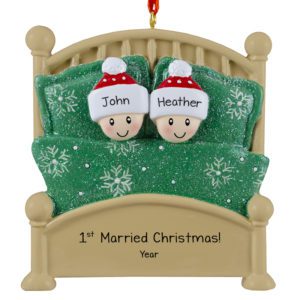 Image of Personalized 1st Married Christmas Couple In Glittered Green Bed Ornament