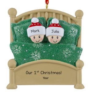 Image of Personalized 1st Christmas Together Couple In Glittered Green Bed Ornament