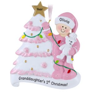 Image of GRANDDAUGHTER'S 1st Christmas Glittered Tree And Bear Ornament PINK