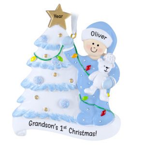 Image of GRANDSON'S 1st Christmas Glittered Tree And Bear Ornament BLUE
