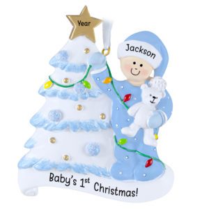 Image of Baby BOY's 1st Christmas Glittered Tree And Bear Ornament BLUE