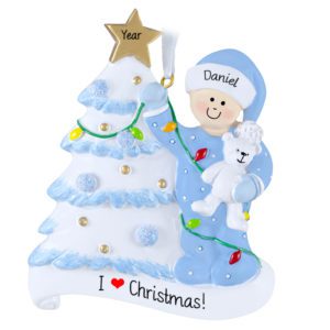 Image of Personalized Little Boy Decorating Glittered Tree And Holding Bear Ornament BLUE