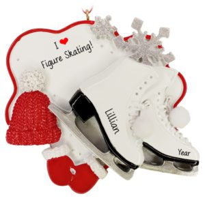 Image of Personalized I Love Figure Skating Skates And Hat Glittered Ornament