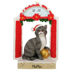 Image of GRAY Cat In Window Wearing Santa Cap Personalized Ornament
