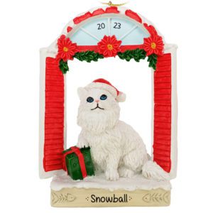 Image of WHITE Cat In Window Wearing Santa Cap Personalized Ornament