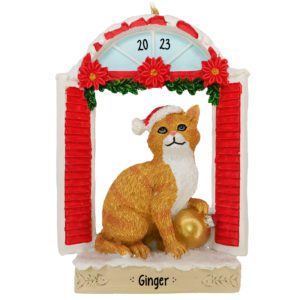 Image of ORANGE Cat In Window Wearing Santa Cap Personalized Ornament