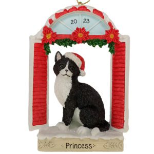 Image of BLACK And WHITE Cat In Window Wearing Santa Cap Personalized Ornament