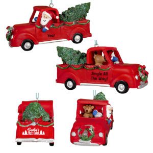 Image of Personalized Santa Claus And Reindeer Driving Festive Red Truck Ornament