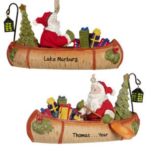 Image of Personalized Santa Claus In Festive Birch Canoe Ornament