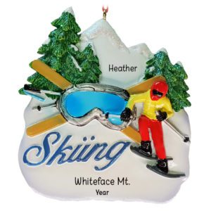 Image of Person Skiing On Glittered Slopes With Trees And Goggles Ornament
