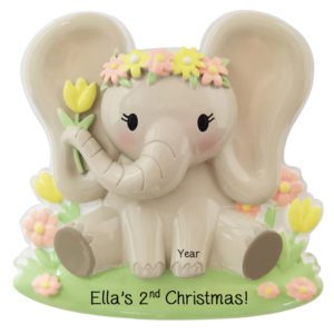Image of Personalized Baby Girl's 2nd Christmas Adorable Elephant Ornament