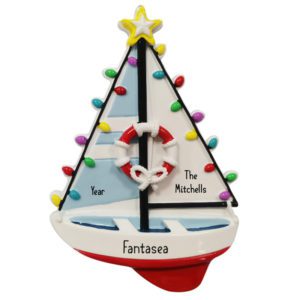 Image of Personalized Sailboat Decorated With Colorful Christmas Lights Ornament