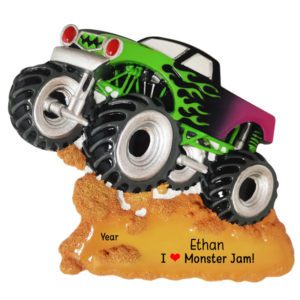Image of Personalized I Love Monster Jam Green Flames Truck Ornament