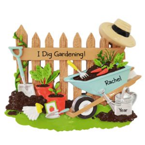 Image of Personalized I Dig Gardening Fence And Wheelbarrow Ornament