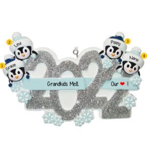 Image of Penguin Grandparents And 2 Grandkids Glittered 2022 Snowflake Ornament