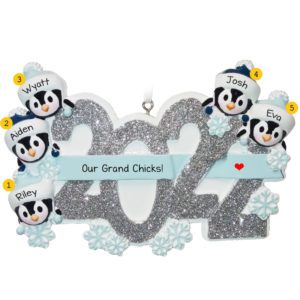 Image of Personalized 5 Penguin Grandkids Glittered 2022 Snowflake Ornament