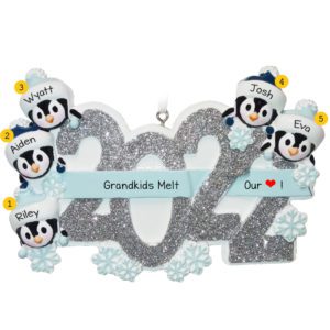 Image of Five Grandkids Glittered 2022 Penguins And Snowflakes Ornament