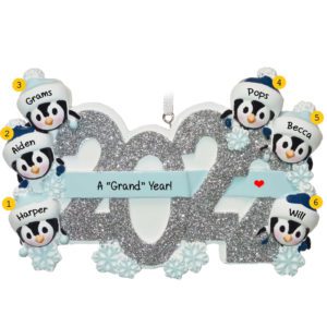 Image of Personalized Grandparents And 4 Grandkid Penguins Glittered 2022 Ornament