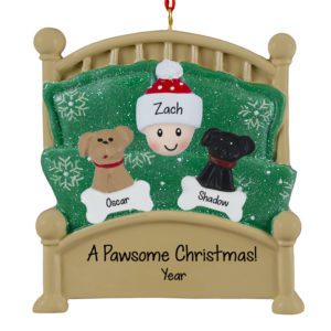 Image of Person With 2 Dogs Snuggled Together In Green Glittered Bed Ornament