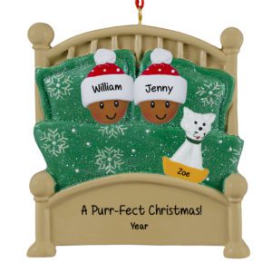 Image of AFRICAN AMERICAN Couple With Pet In Green Glittered Bed Personalized Ornament